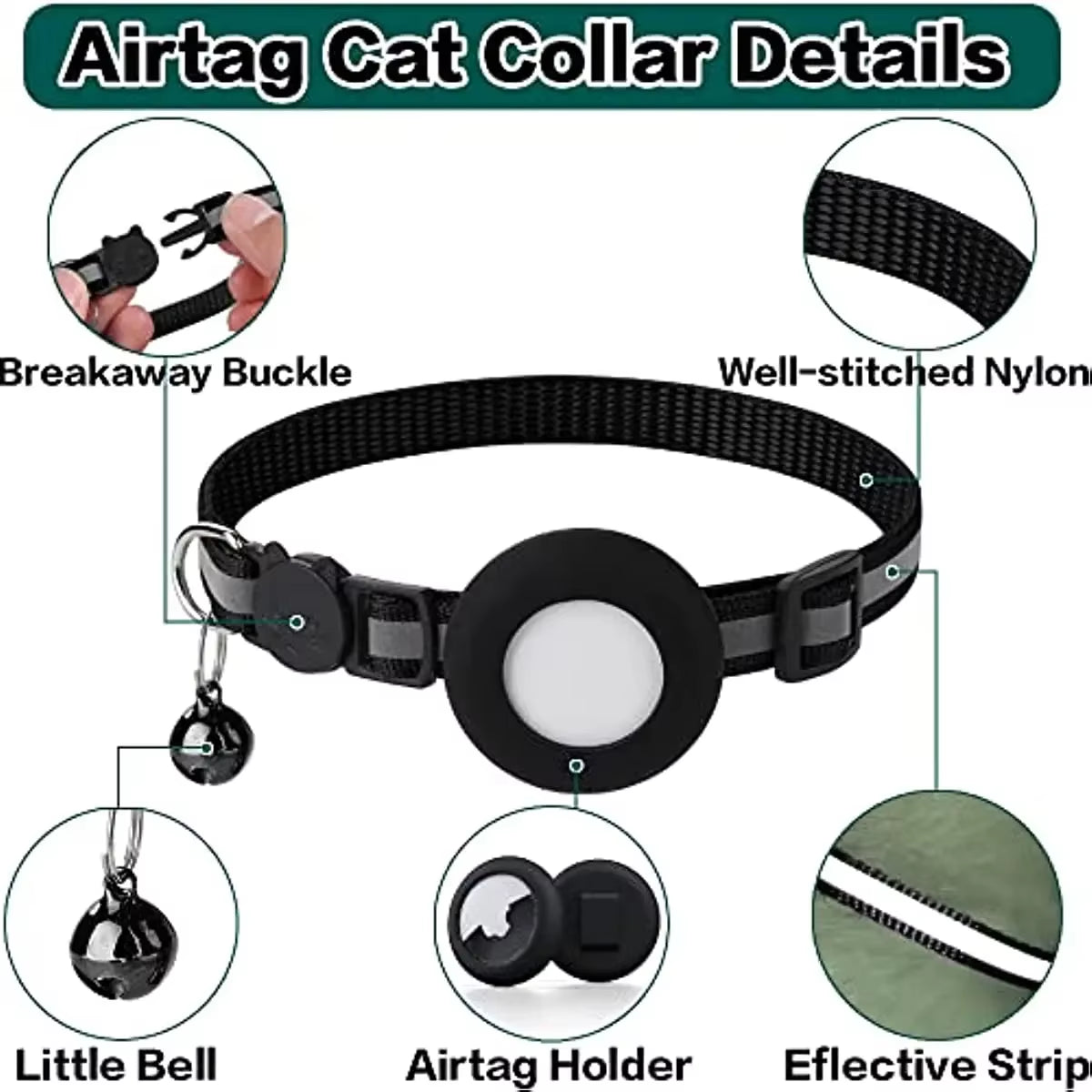 Reflective Breakaway Cat Collar with Airtag Holder & Bell - Perfect for Kittens & Cats!